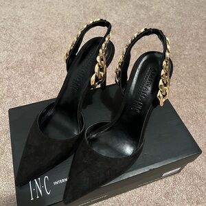 INC International Concepts Black Heels with Gold Chain Accent